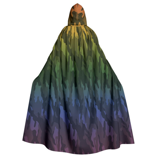 A hooded cape with a multicolor camouflage pattern, shown from the back against a plain white background.