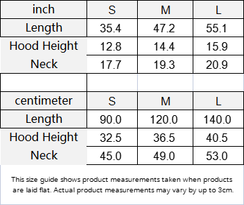 Size guide chart for clothing measurements in inches and centimeters with labeled rows and columns.