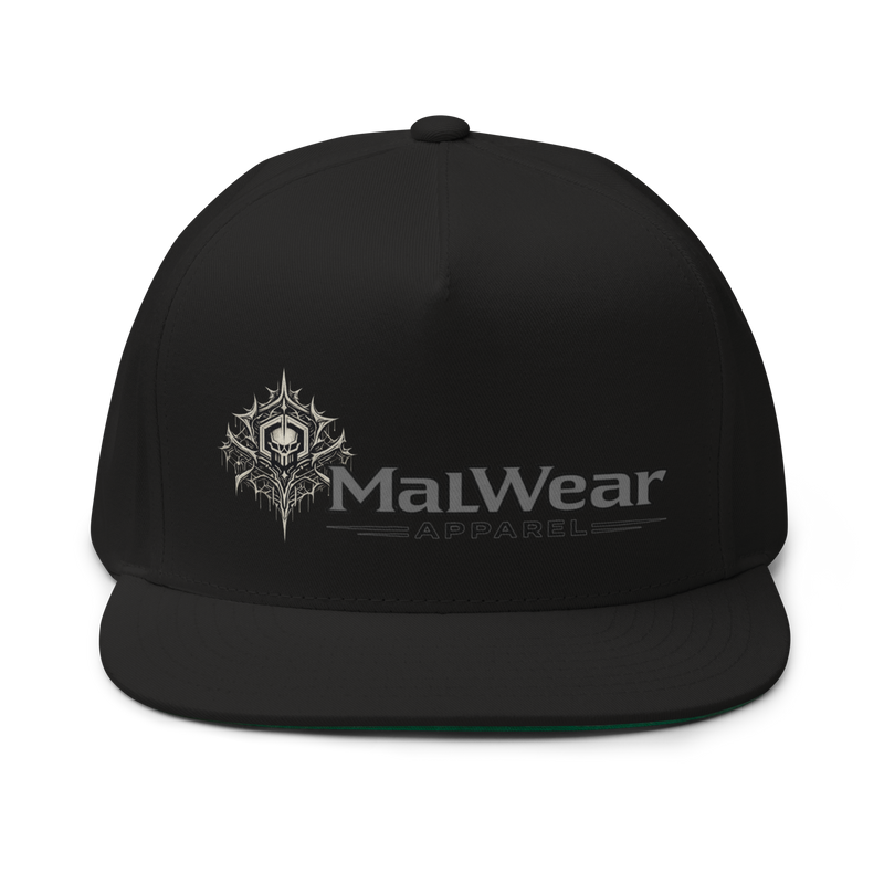 MalWear Apparel flat bill snapback - dripping web skull design, black infosec streetwear cap front view 3D mock-up