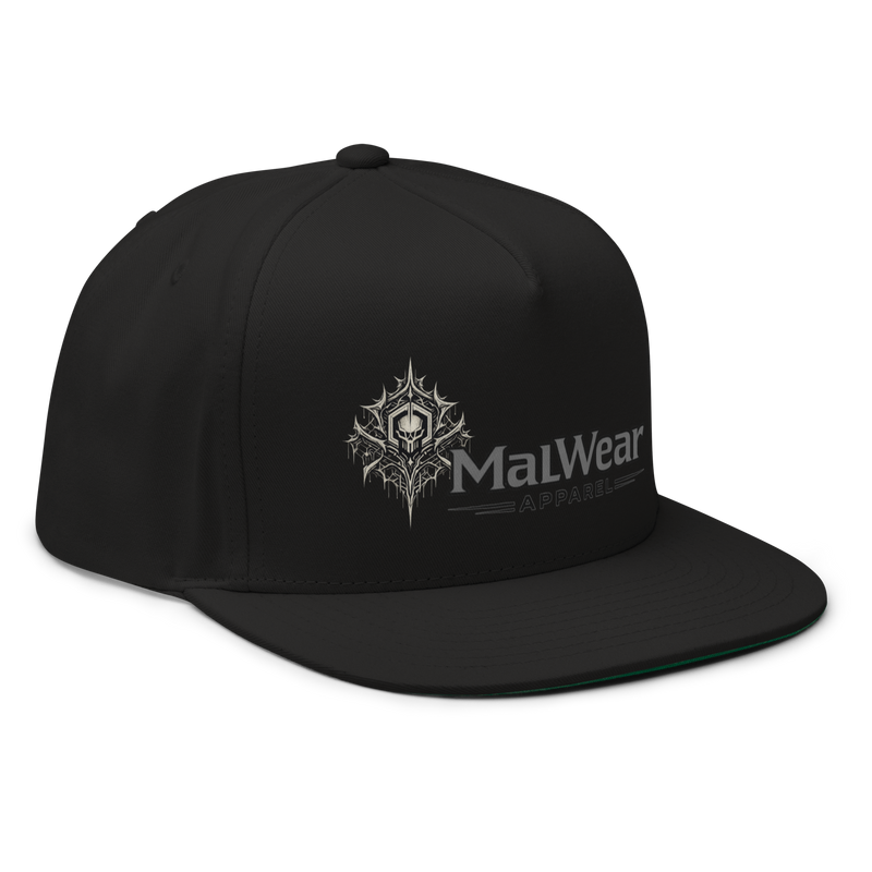 MalWear flat bill cap right front view - hacker culture streetwear snapback, green undervisor detail 3D mock-up