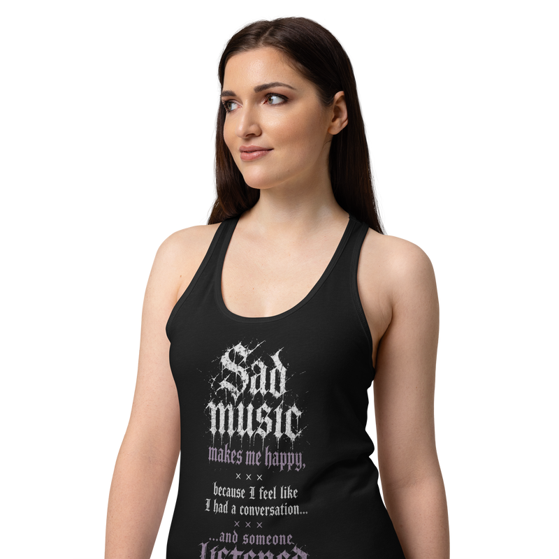Sad Music quote tank top black angled view on model - dark alt metal streetwear