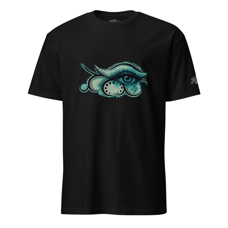 Nature's Eye dark art tee black front - tribal eye design, gothic alt streetwear, leaf demon t-shirt 3D mock-up