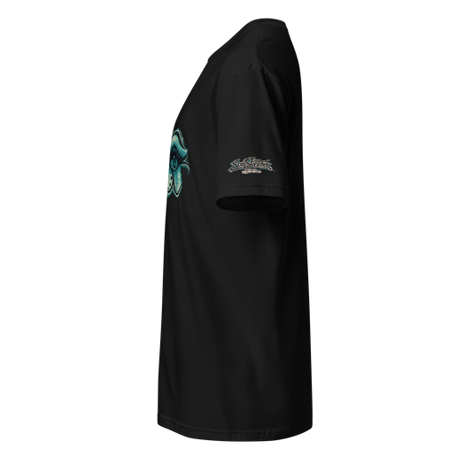 Nature's Eye tee black left side view - SoulSketcher dark art, EMO alt fashion, leaf demon shirt 3D mock-up