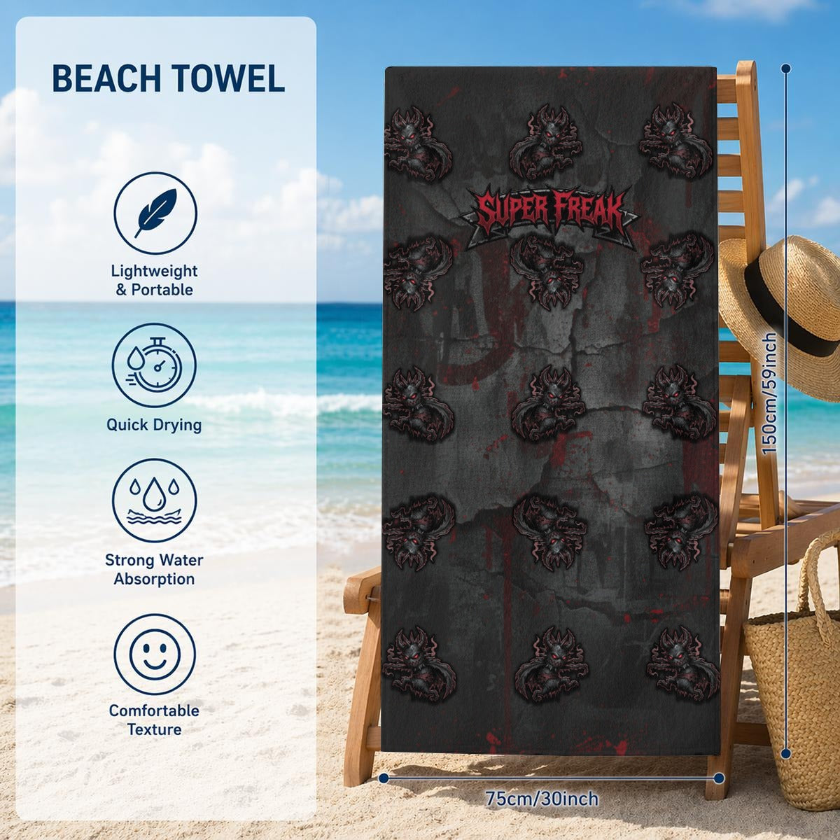Front vertical hanging view of Beach Towel featuring repeat pattern of creepy mascot. Image includes fabric details and size measurements.