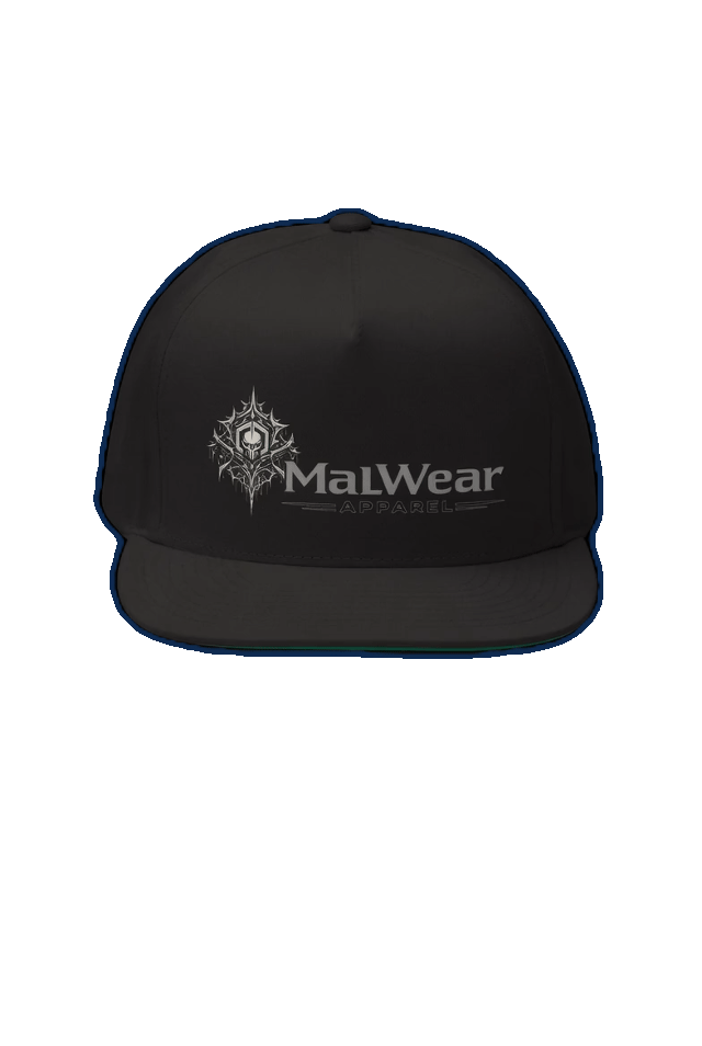 MalWear Apparel flat bill cap animated view - dripping web skull dark art, hacker streetwear hat