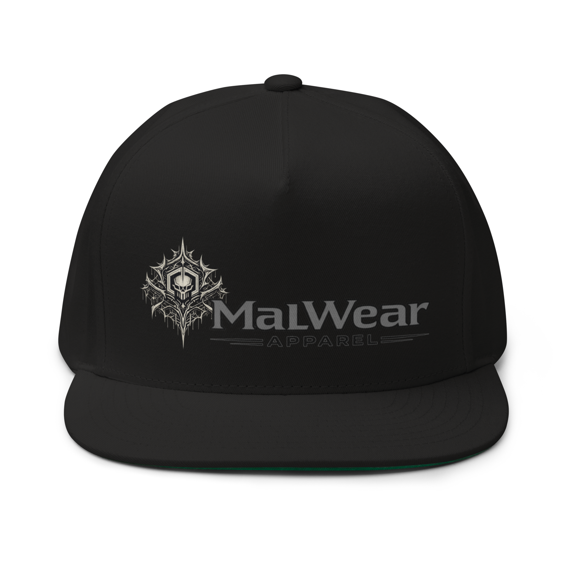 MalWear Apparel flat bill snapback - dripping web skull design, black infosec streetwear cap front view 3D mock-up