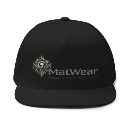 MalWear Apparel flat bill snapback - dripping web skull design, black infosec streetwear cap front view 3D mock-up