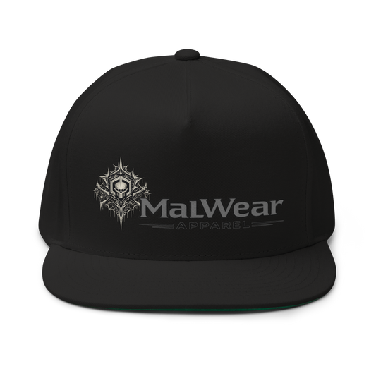 MalWear Apparel flat bill snapback - dripping web skull design, black infosec streetwear cap front view 3D mock-up