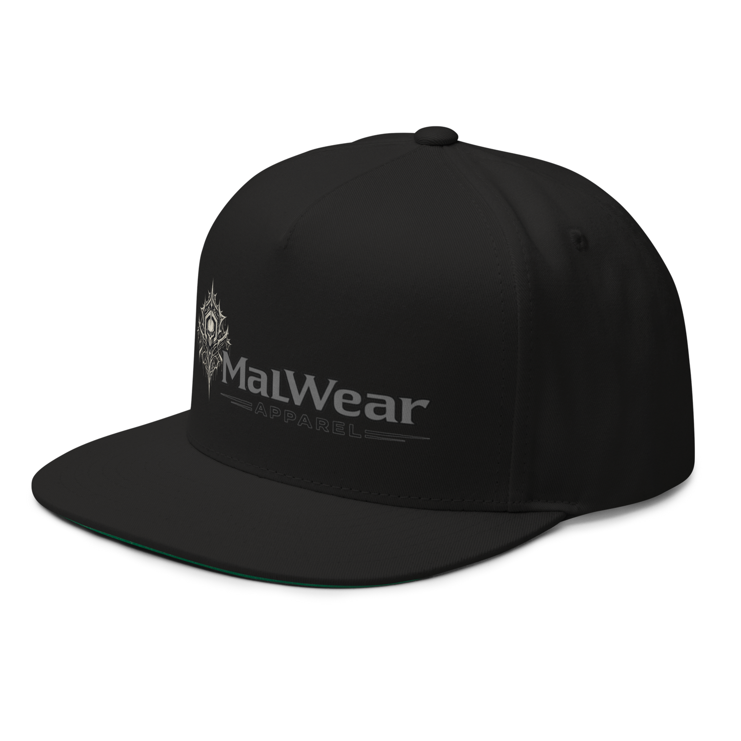 MalWear flat bill cap left front view - CTF player infosec hat, black cotton twill snapback 3D mock-up