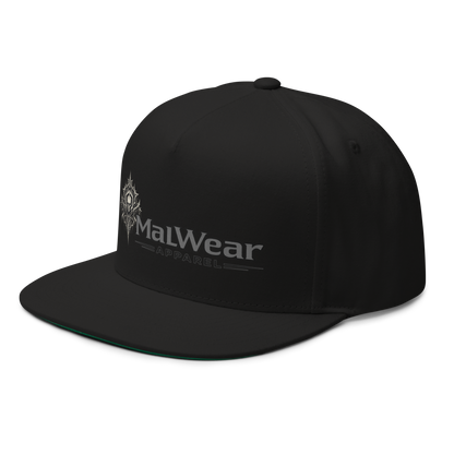 MalWear flat bill cap left front view - CTF player infosec hat, black cotton twill snapback 3D mock-up