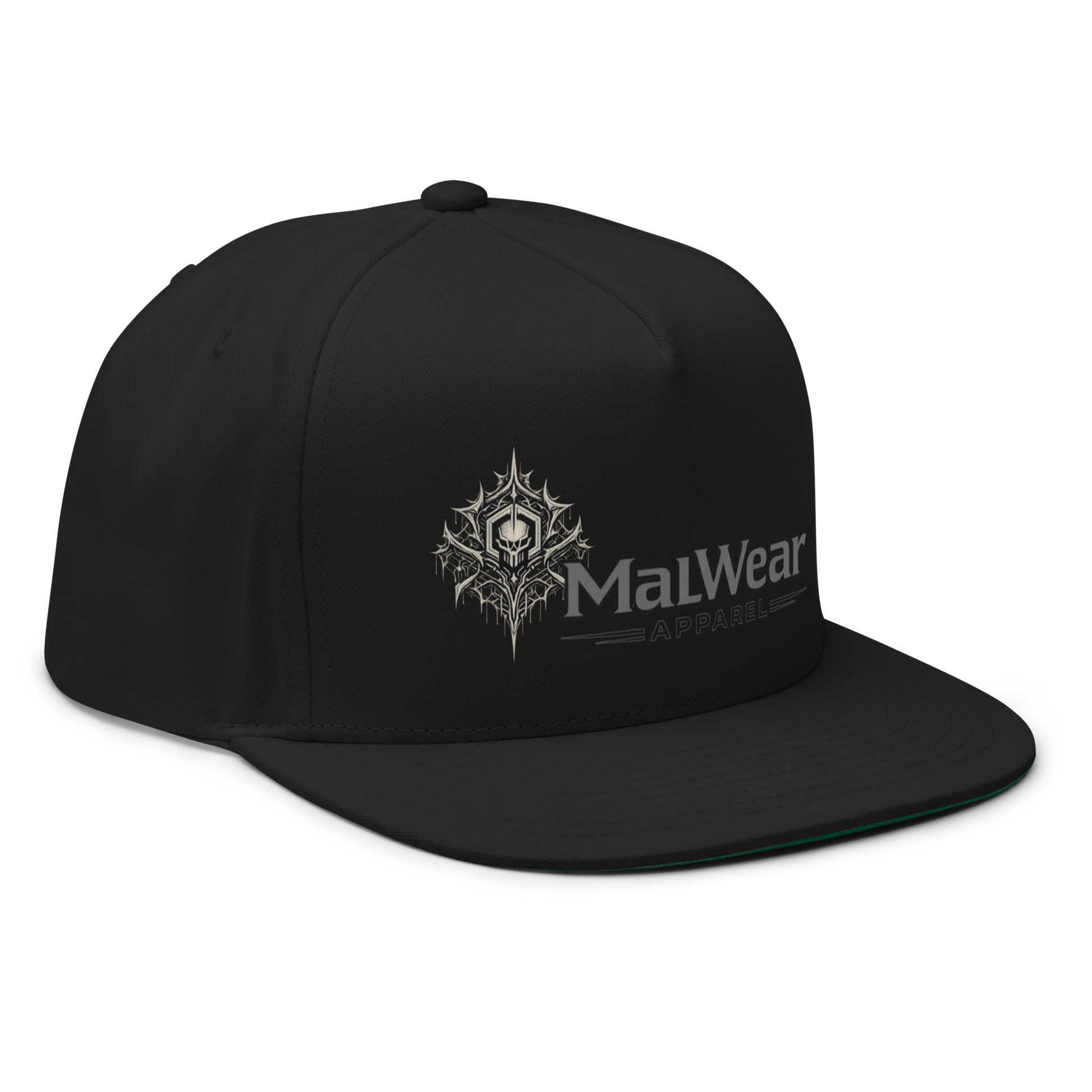MalWear flat bill cap right front view - hacker culture streetwear snapback, green undervisor detail 3D mock-up