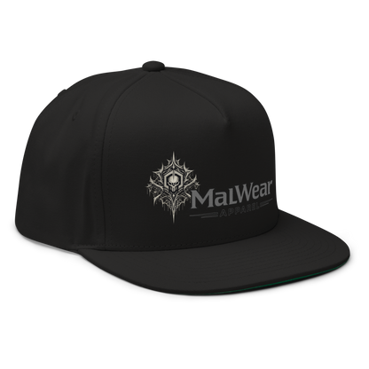 MalWear flat bill cap right front view - hacker culture streetwear snapback, green undervisor detail 3D mock-up