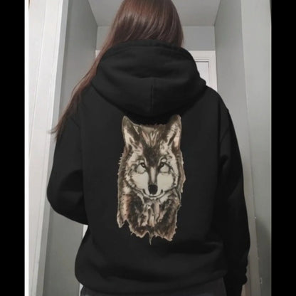 Alpha Wolf dark art hoodie lifestyle shot - back view, hand-drawn wolf husky artwork on black unisex hoodie