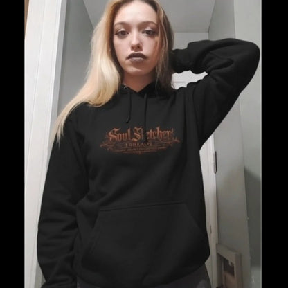 Alpha Wolf dark art hoodie lifestyle shot - front view, SoulSketcher Threads gothic streetwear