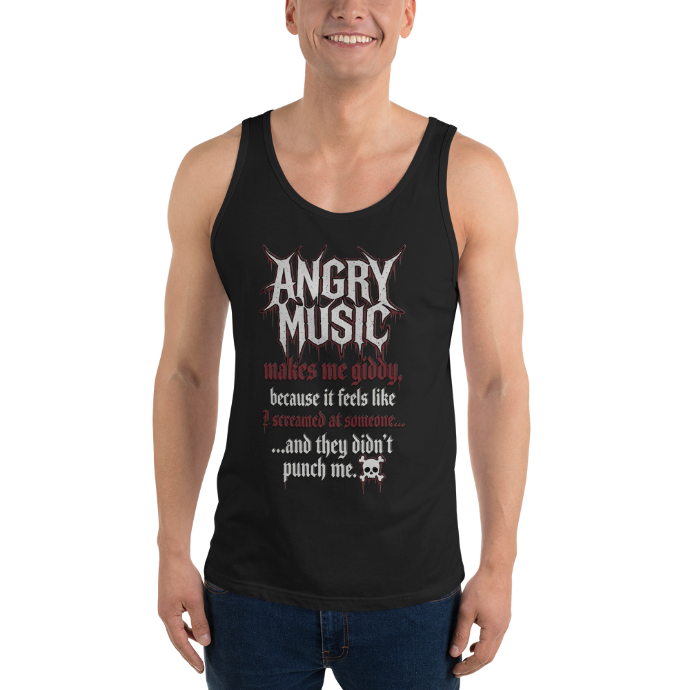 Angry Music Makes Me Giddy quotable tank front detail - dark metal aesthetic SoulSketcher Studios