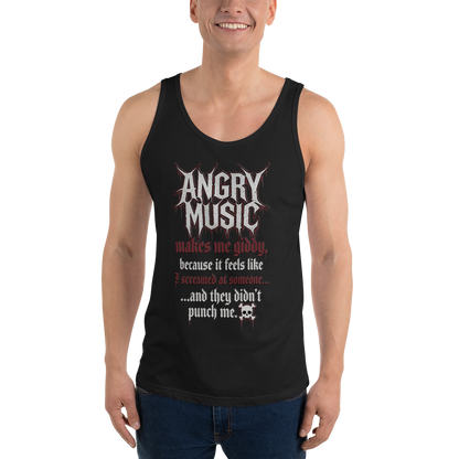 Angry Music Makes Me Giddy quotable tank front detail - dark metal aesthetic SoulSketcher Studios