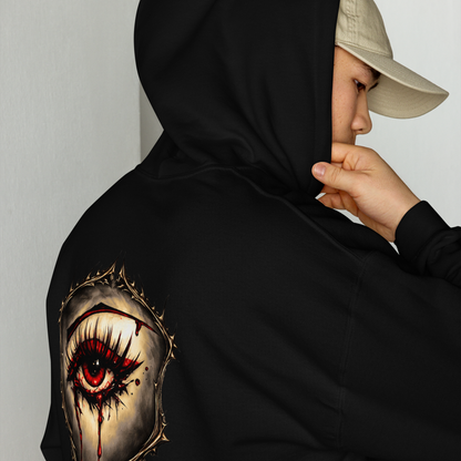 Bleeding Eye gothic hoodie black on model back - dark art eye graphic streetwear