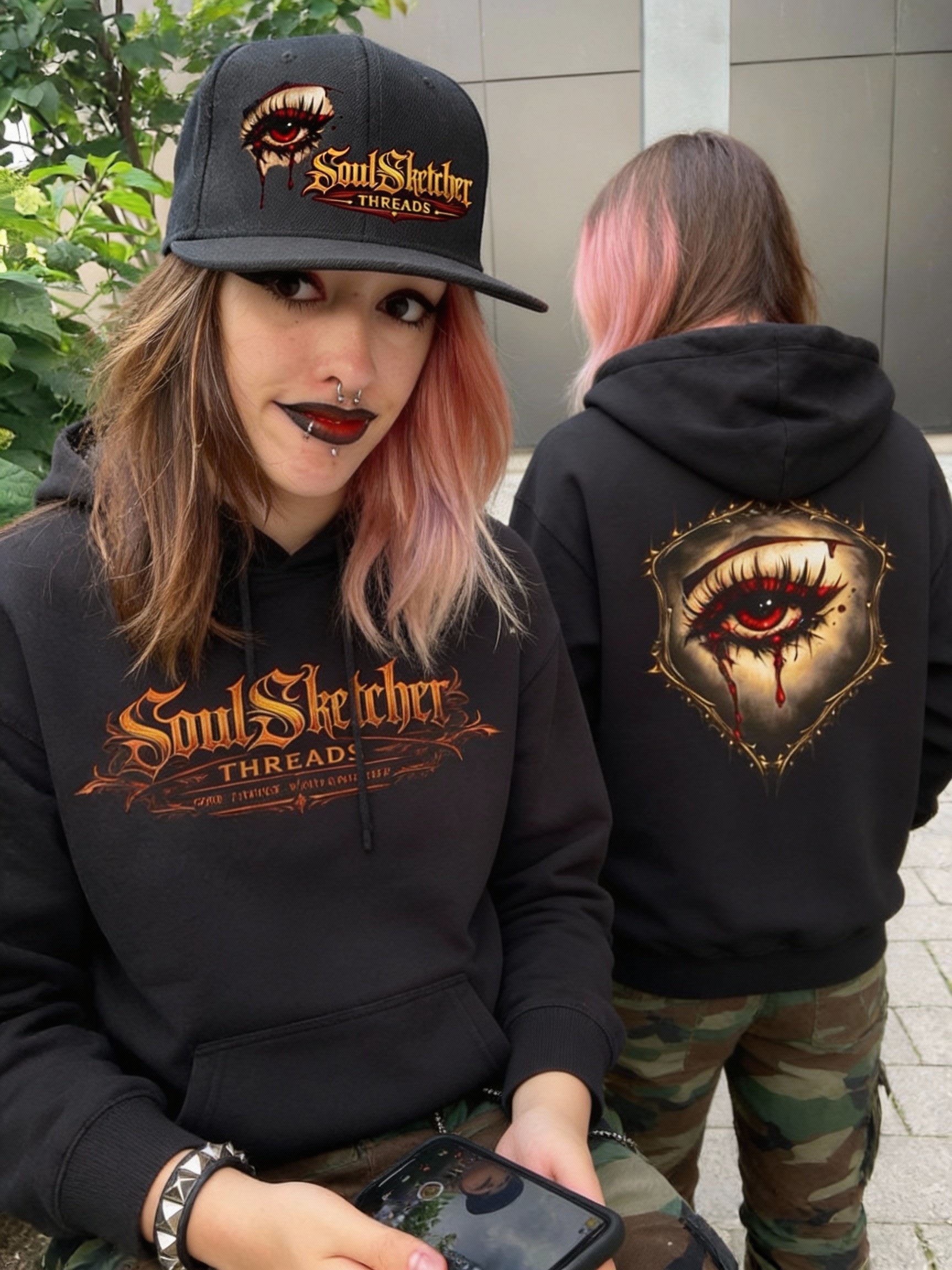 Bleeding Eye gothic hoodie black on female model split front/ back view - alt gothic streetwear