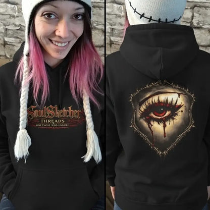 Bleeding Eye gothic hoodie black on female model split front/back view - dark art alt fashion hoodie