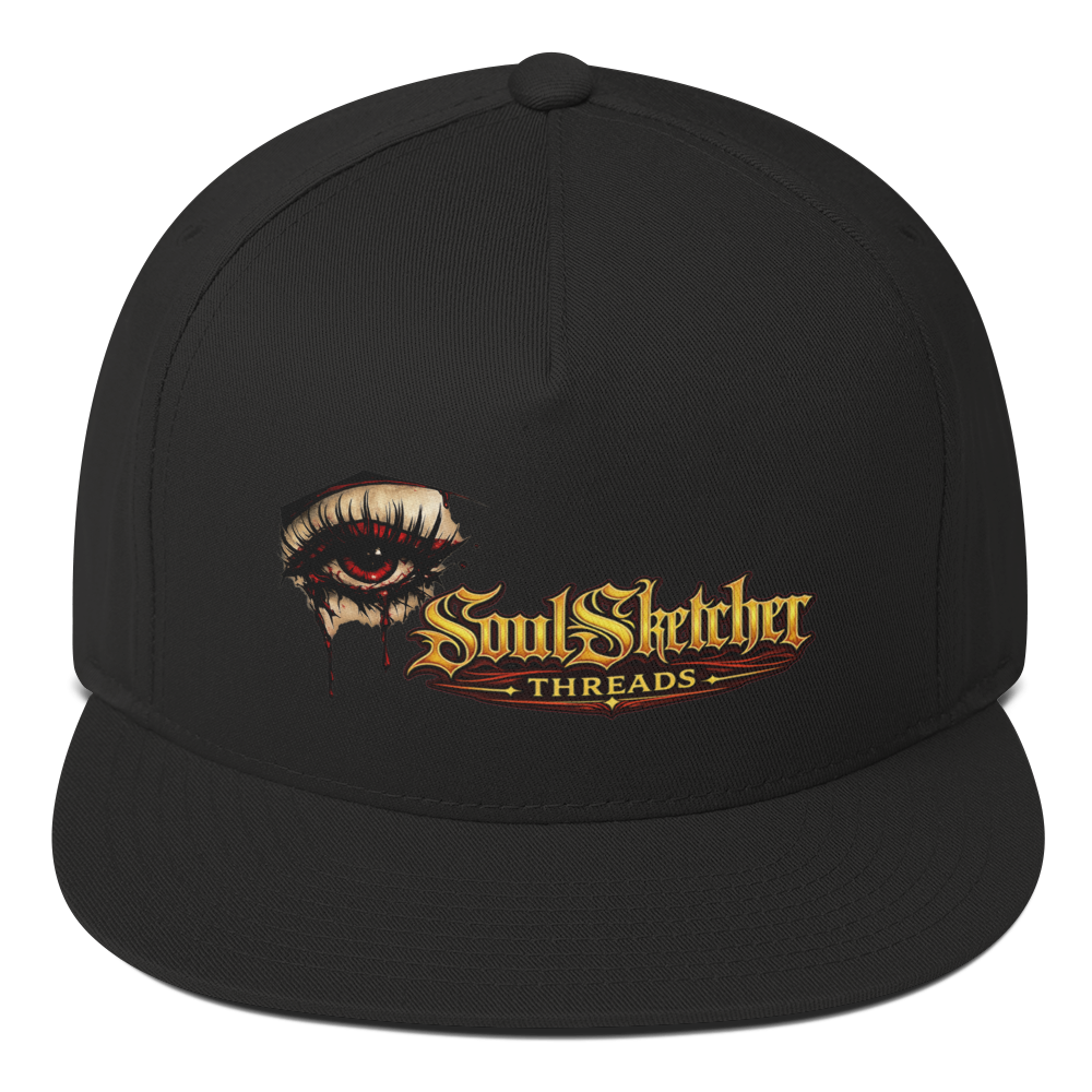 Bleeding Eye dark art flat bill snapback  hat - blood tear eye design, black gothic streetwear cap 3-D mock-up front view