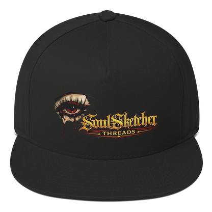 Bleeding Eye dark art flat bill snapback  hat - blood tear eye design, black gothic streetwear cap 3-D mock-up front view