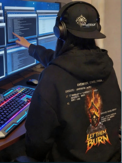 Hacktivist System Override hoodie black on lifestyle model back - cyber infosec streetwear hoodie