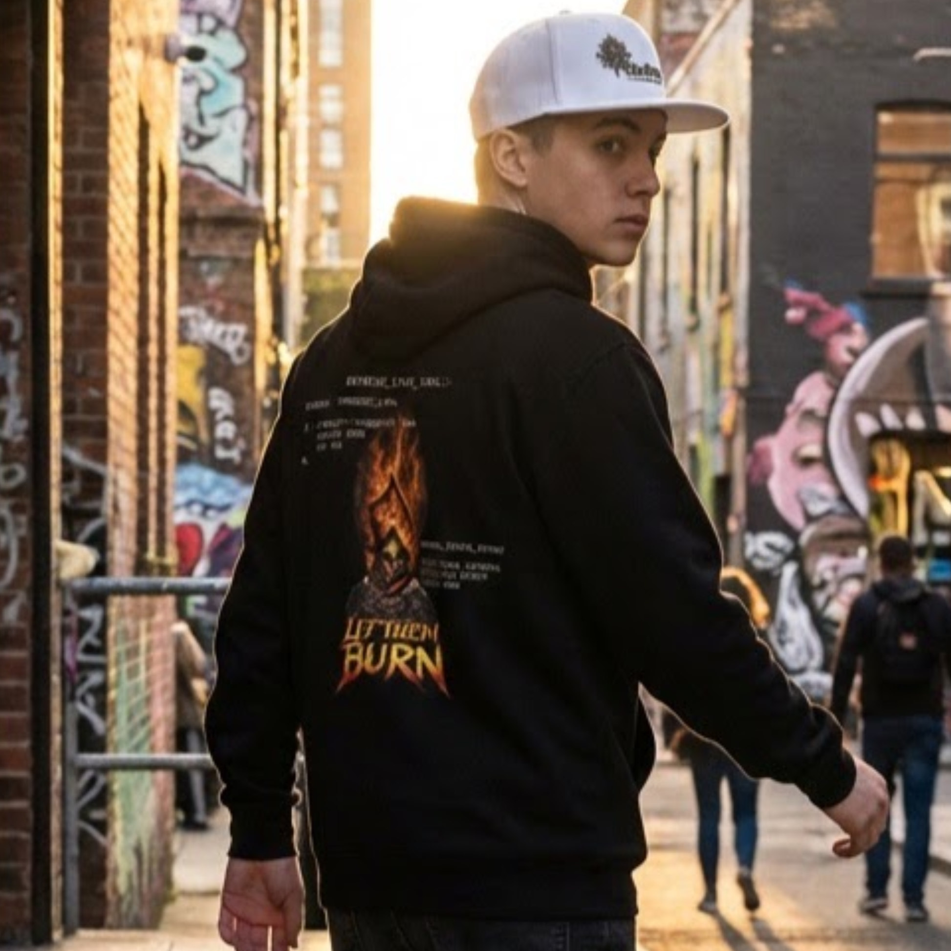Hacktivist System Override hoodie black on model back right - cyber gamer dark alt streetwear