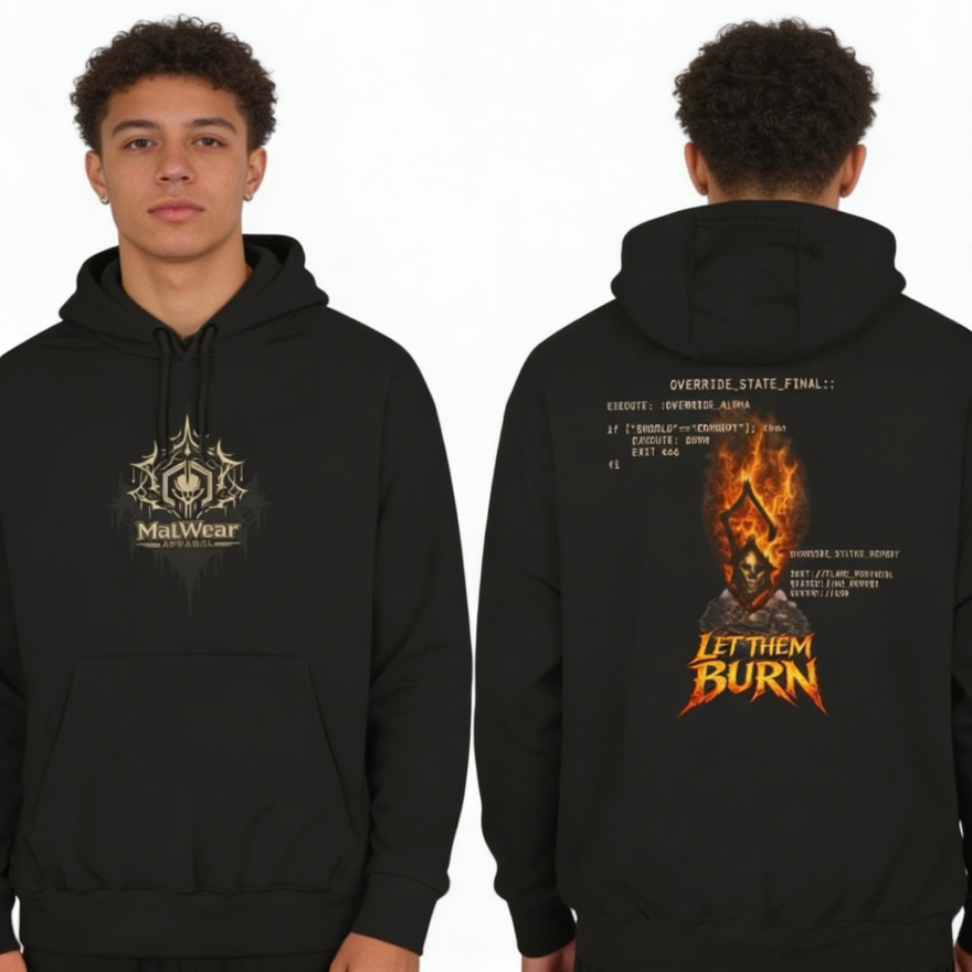 Hacktivist System Override hoodie black split view front and back on model - cyber dark alt streetwear