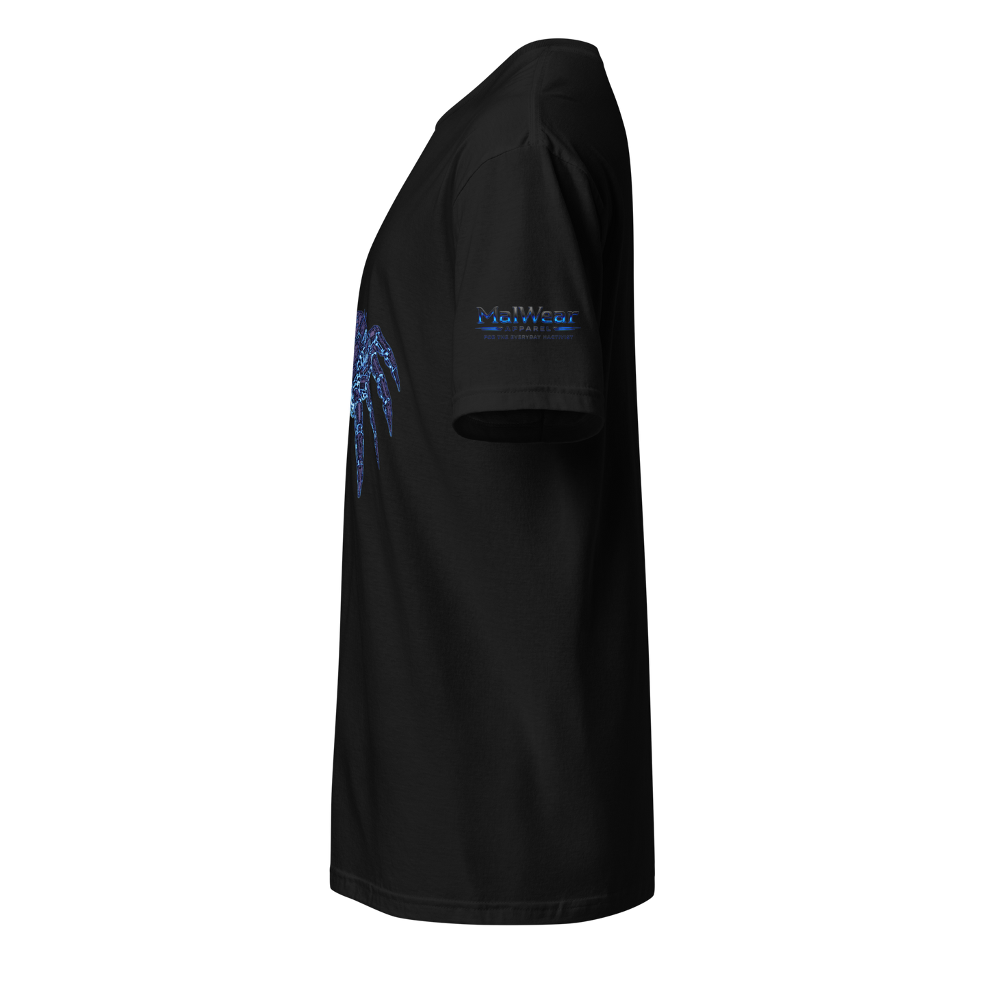 MalWear Coder's Spider mascot tee black left side - cyber goth hacker streetwear t-shirt 3D mock-up
