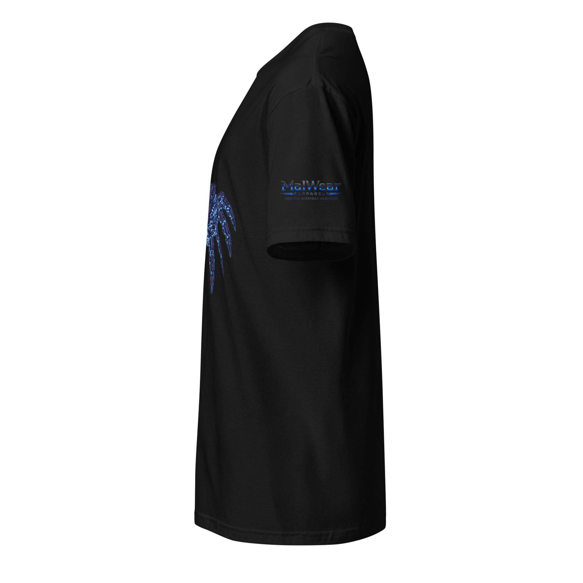 MalWear Coder's Spider mascot tee black left side - cyber goth hacker streetwear t-shirt 3D mock-up