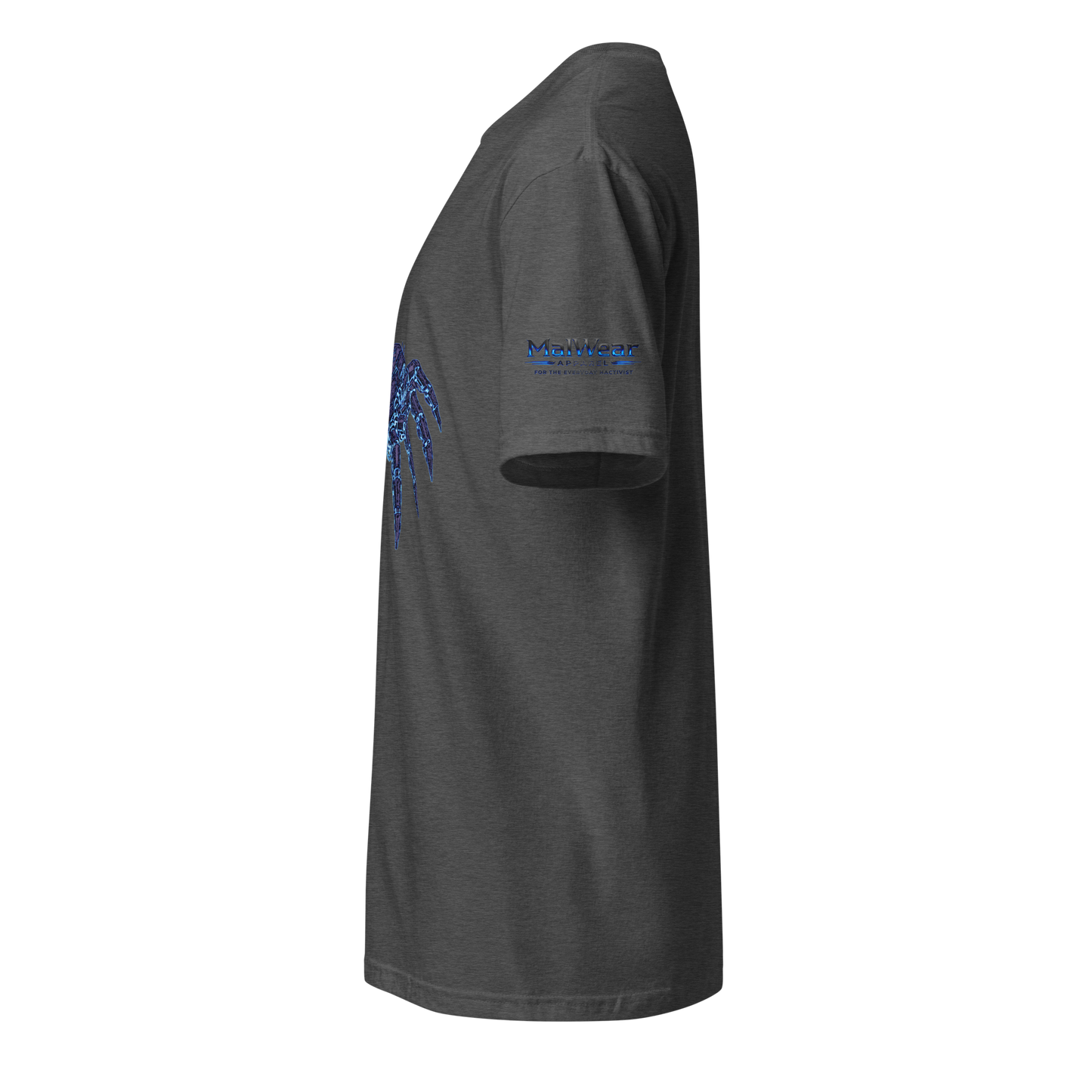 MalWear Coder's Spider mascot tee dark heather grey left side - alt tech gamer streetwear tee 3D mock-up