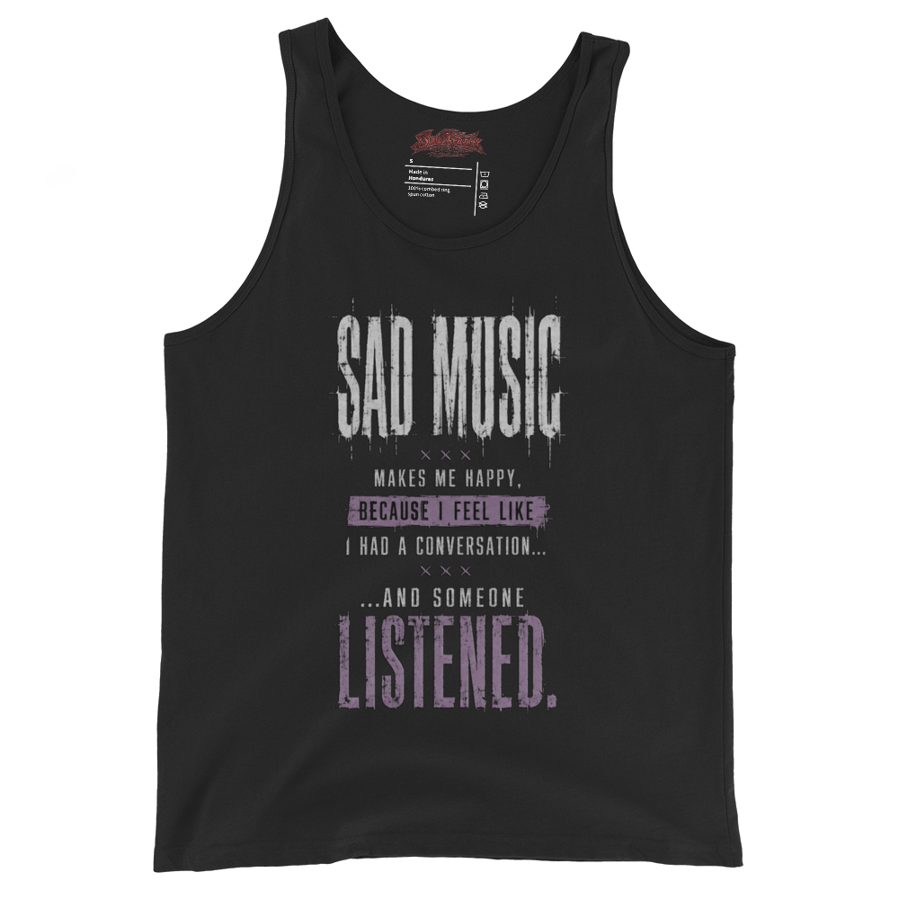 Black men's staple tank top with Sad Music Makes Me Happy DTG quotable print — SoulSketcher Threads emo streetwear