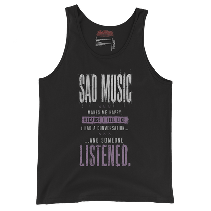 Black men's staple tank top with Sad Music Makes Me Happy DTG quotable print — SoulSketcher Threads emo streetwear