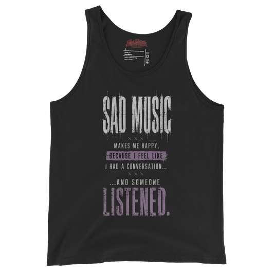Black men's staple tank top with Sad Music Makes Me Happy DTG quotable print — SoulSketcher Threads emo streetwear