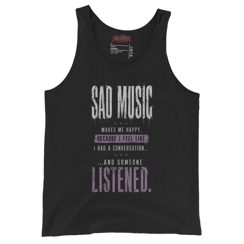 Black men's staple tank top with Sad Music Makes Me Happy DTG quotable print — SoulSketcher Threads emo streetwear