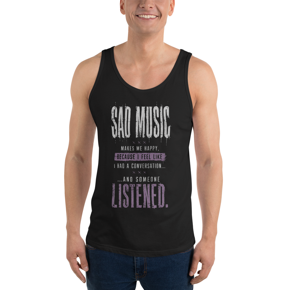 Sad Music Makes Me Happy men's black tank top, front view — SoulSketcher Threads Quotable line