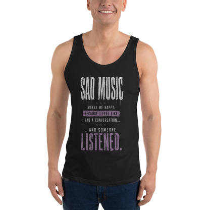 Sad Music Makes Me Happy men's black tank top, front view — SoulSketcher Threads Quotable line
