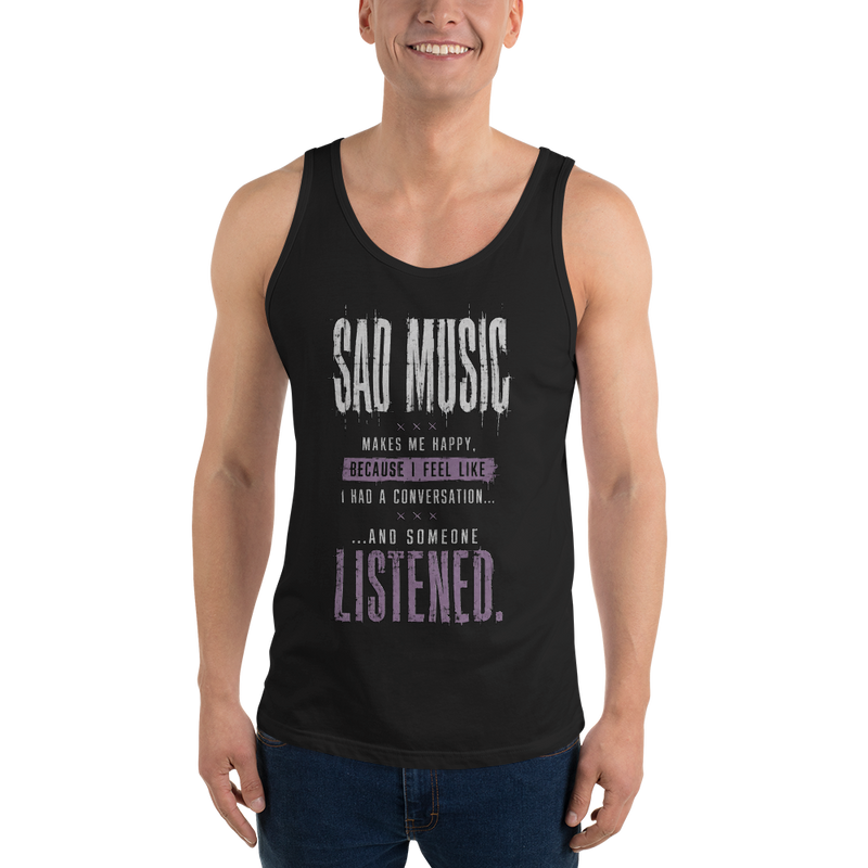 Sad Music Makes Me Happy men's black tank top, front view — SoulSketcher Threads Quotable line