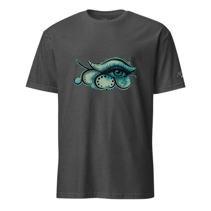 Nature's Eye dark art tee heather grey front - gothic tribal eye print, alt streetwear shirt 3D mck-up