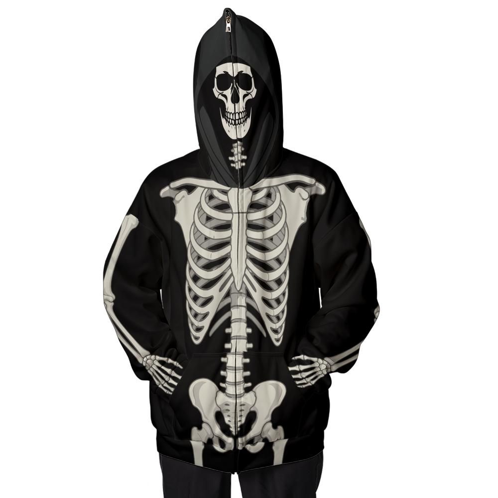 Front view of a full zippered hoodie with skeleton on the body and skull across the zipped closed hood.