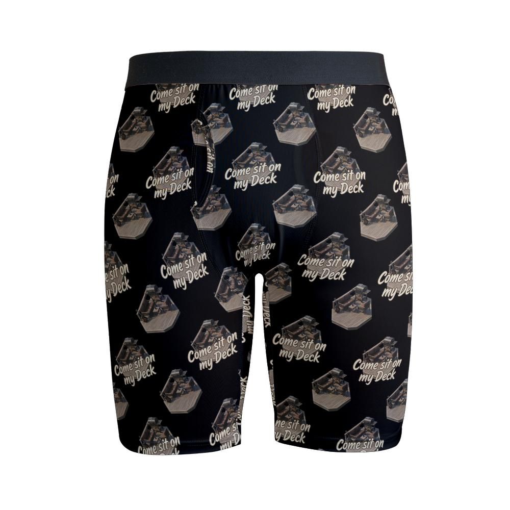 Front view of Come Sit on my Deck all-over print boxer briefs featuring a repeating deck photo pattern on black fabric