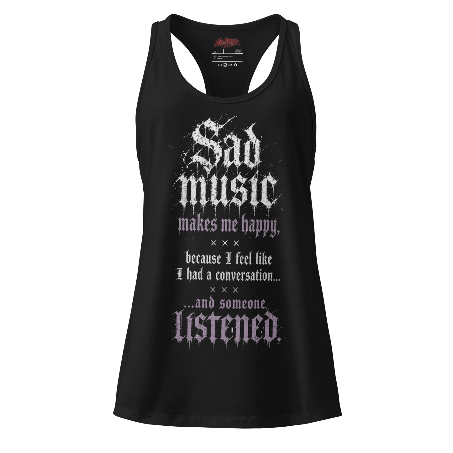 Sad Music quote tank top black flat front - bold drip text graphic, emo alt fashion