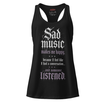 Sad Music quote tank top black flat front - bold drip text graphic, emo alt fashion