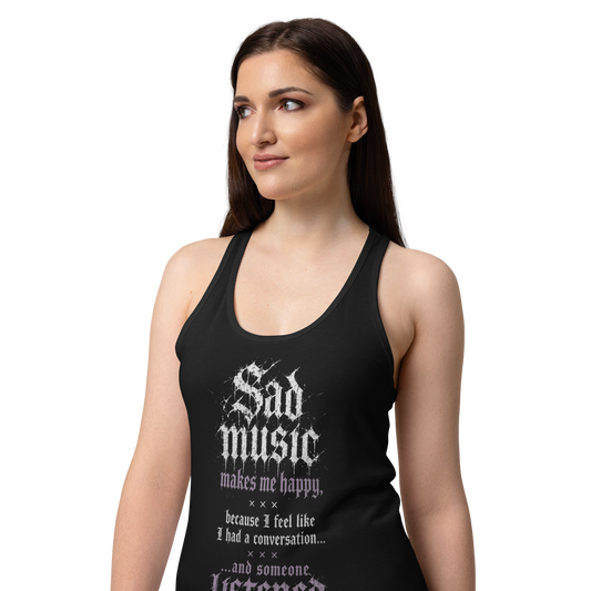 Sad Music quote tank top black angled view on model - dark alt metal streetwear