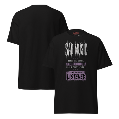 Sad Music Makes Me Happy tee black front and back 3D mockup - bold graffiti style drip text graphic tee