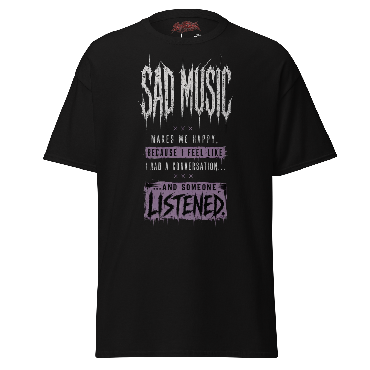 Sad Music Makes Me Happy tee black front 3D close-up - drip text graphic detail, dark streetwear