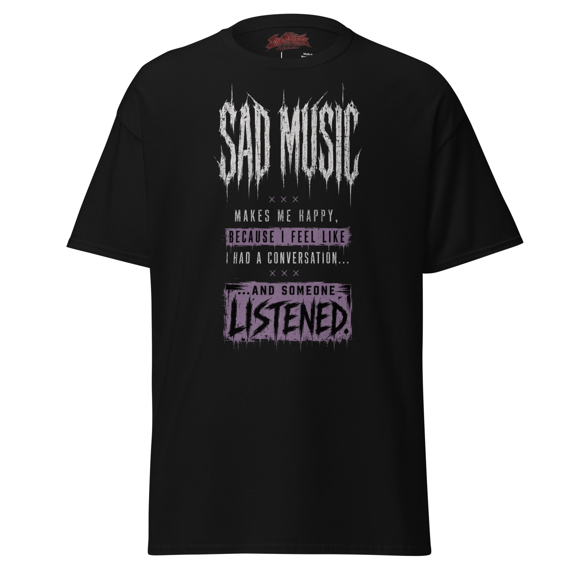 Sad Music Makes Me Happy tee black front 3D close-up - drip text graphic detail, dark streetwear