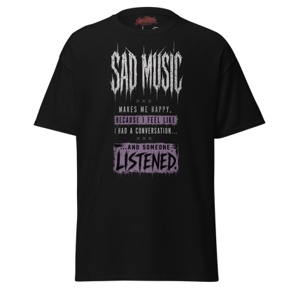 Sad Music Makes Me Happy tee black front 3D close-up - drip text graphic detail, dark streetwear