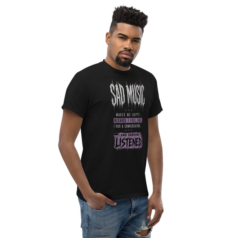 Sad Music Makes Me Happy tee black angled view on model - dark quote alt fashion shirt