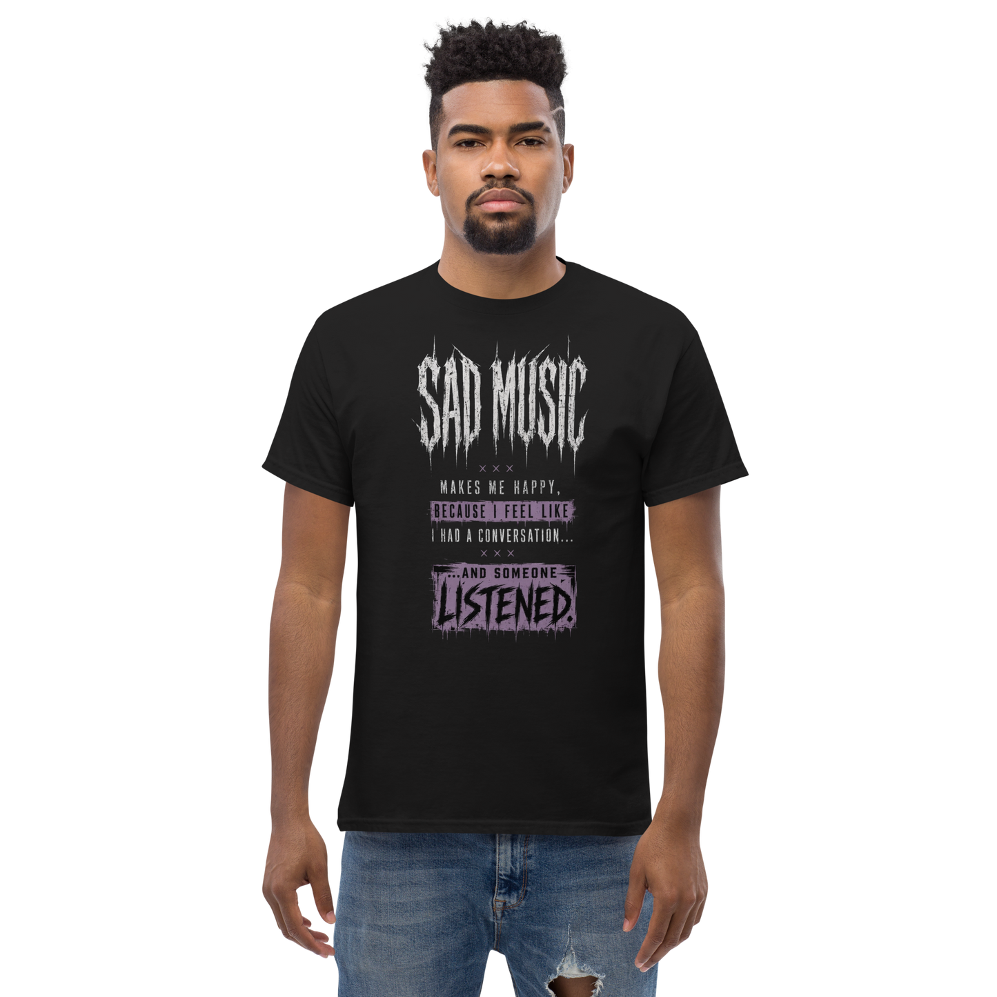 Sad Music Makes Me Happy quote tee black front on model - emo alt gothic streetwear shirt